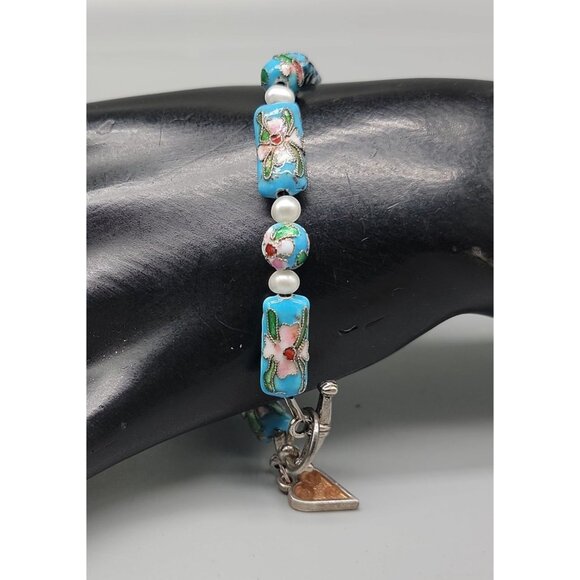 Blue Cloisonne & Faux Pearl Bead Bracelet Dangling Heart Charm 7.5 Toggle Close - Picture 5 of 14